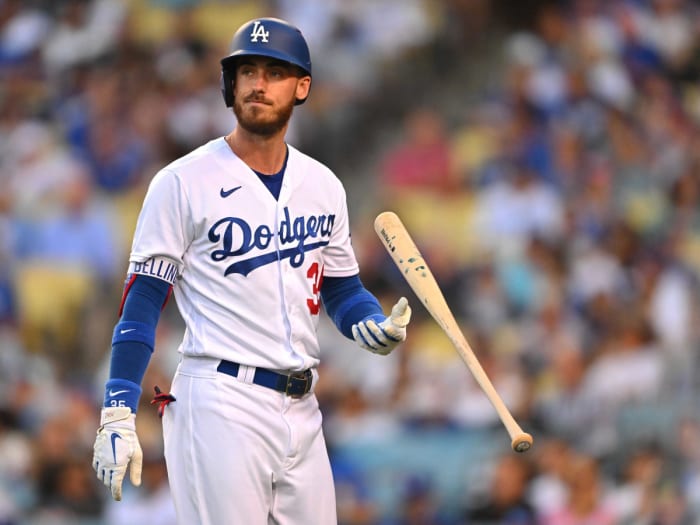 Jul 8, 2022; Los Angeles, California, USA; Los Angeles Dodgers center fielder Cody Bellinger (35) reacts as he walks back to the dugout after striking out with bases loaded in the second inning against the Chicago Cubs at Dodger Stadium.
